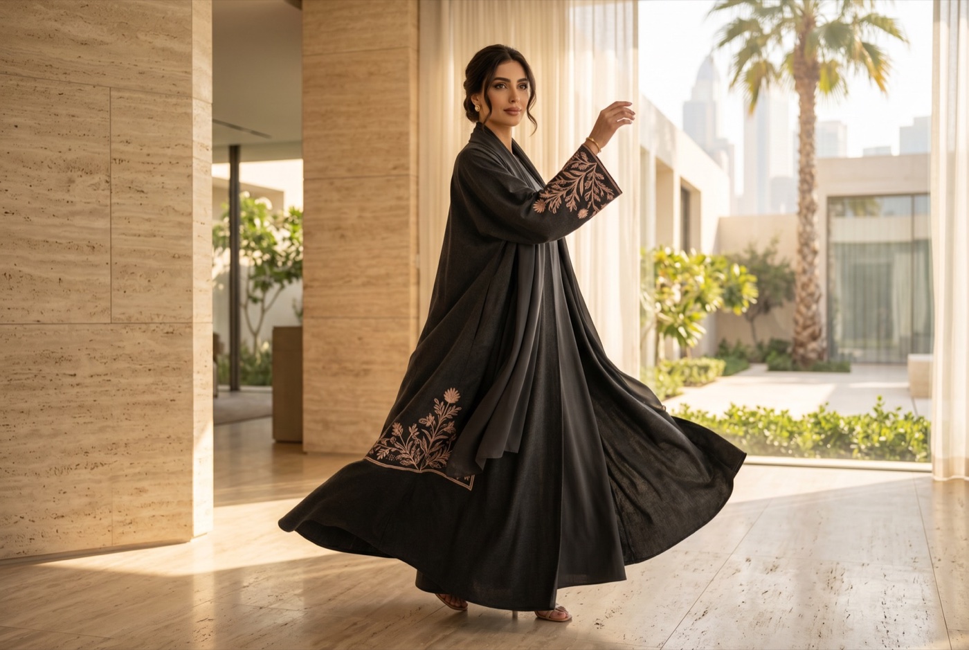 A charcoal cashmere abaya with rose-gold embroidery