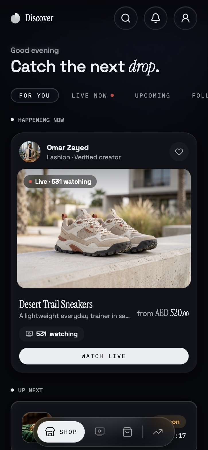 Dropstake home feed: Catch the next drop, with a live drop card