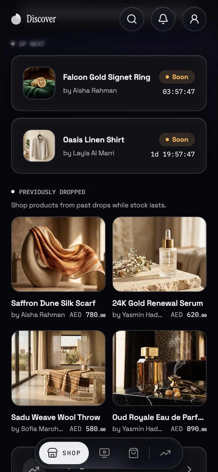 Up next list with countdowns, and a Previously dropped product grid