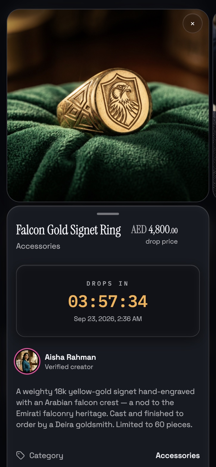 Upcoming drop sheet for a gold signet ring with a Drops in countdown