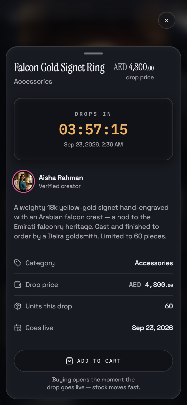 Drop details: category, drop price, units this drop, go-live date and Add to cart