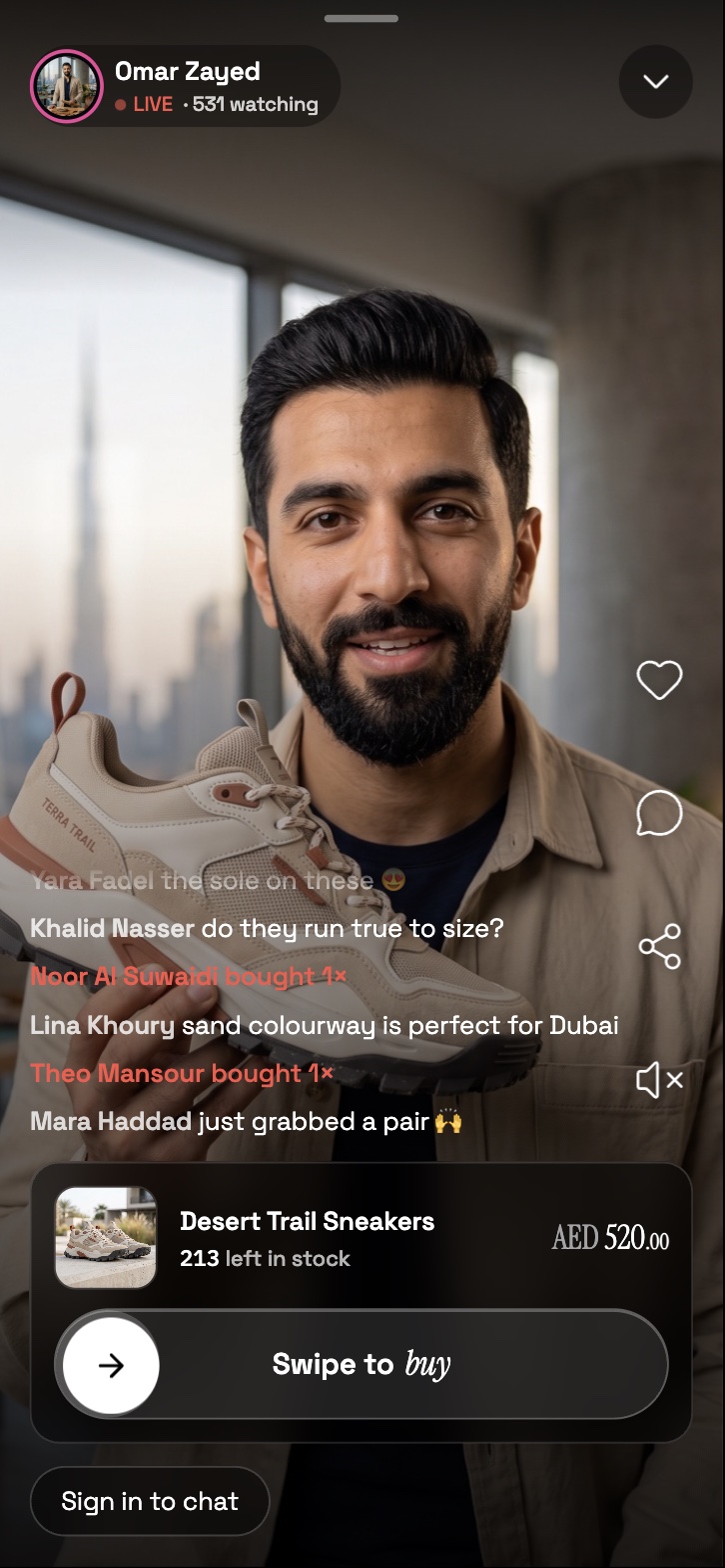 A creator live on Dropstake holding a sneaker, with chat and a swipe-to-buy control