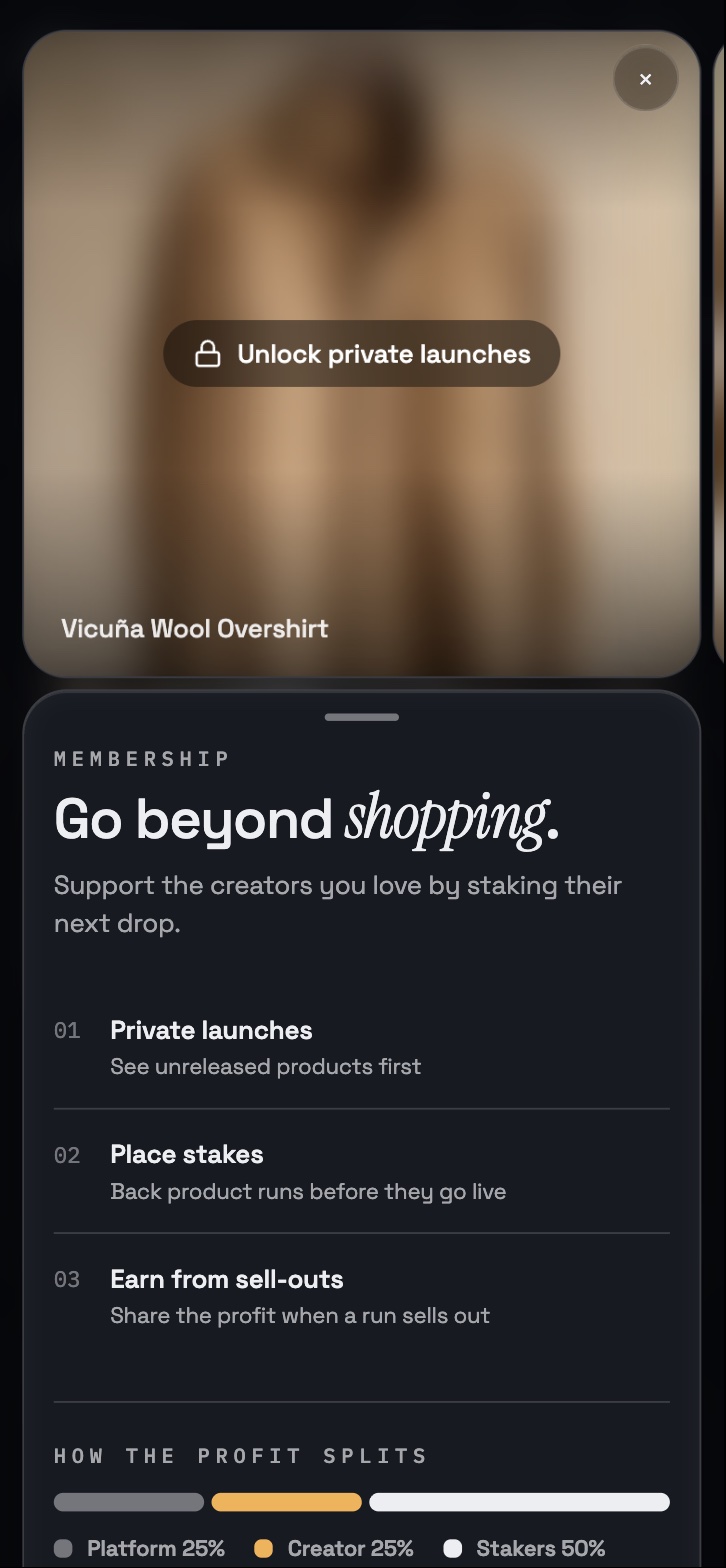 Membership screen: Go beyond shopping, with private launches blurred behind a lock
