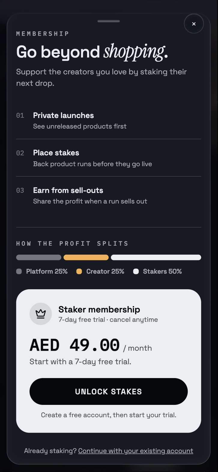 How the profit splits, and the staker membership card: AED 49.00 per month, Unlock stakes