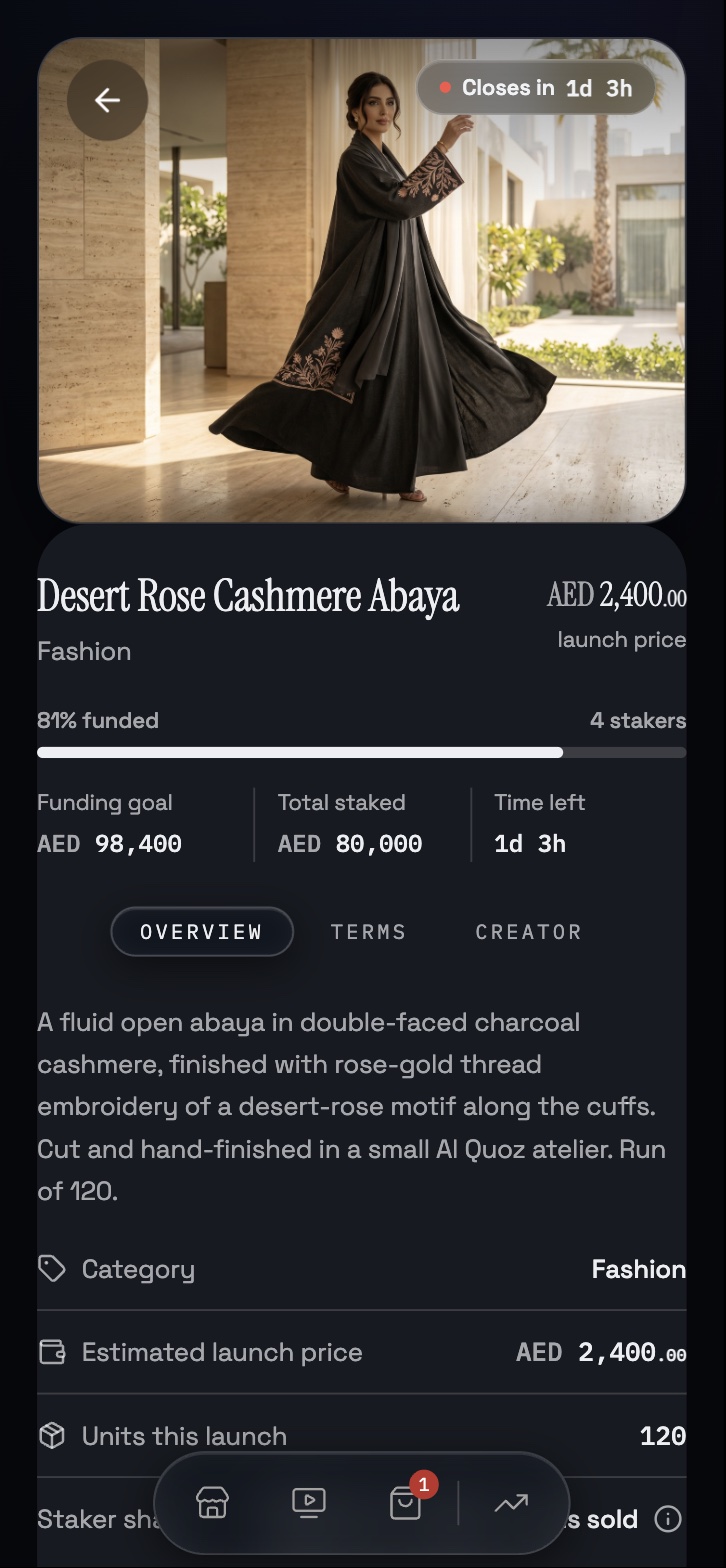 Launch detail: Desert Rose Cashmere Abaya, 81% funded, 4 stakers, funding goal AED 98,400