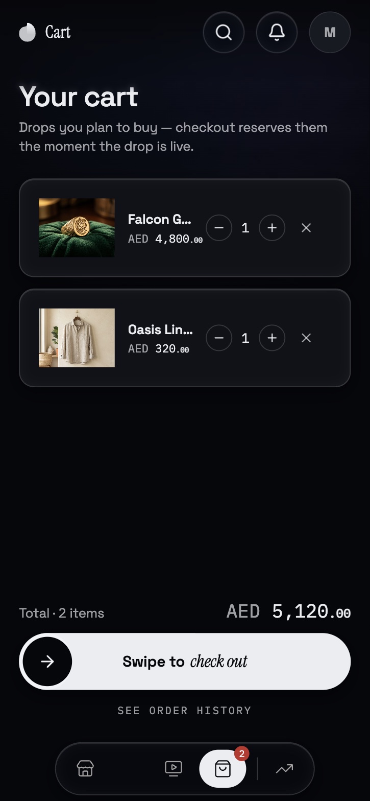 Cart with two upcoming drops, a total of AED 5,120 and Swipe to check out