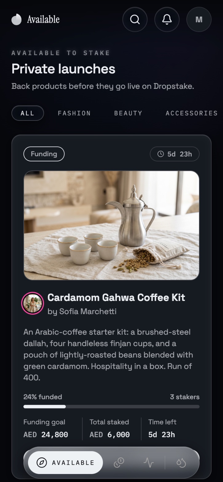 Private launches list: Cardamom Gahwa Coffee Kit, 24% funded, 3 stakers, funding goal AED 24,800