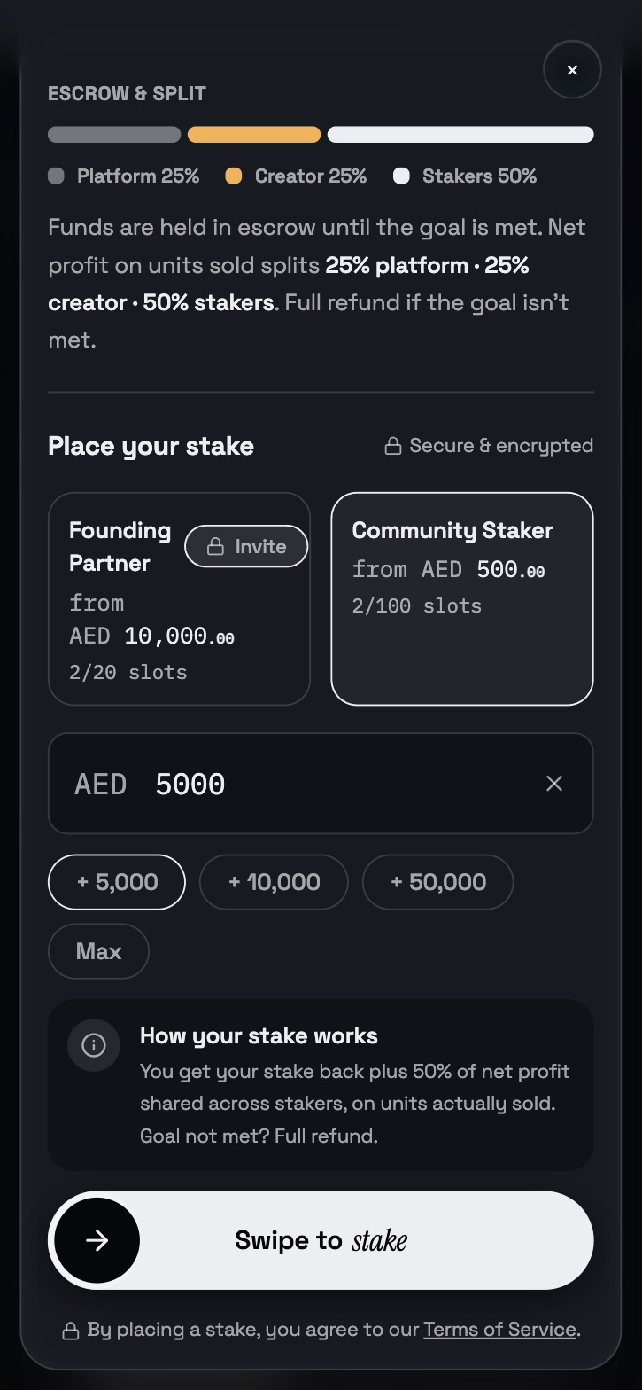 Place your stake: Founding Partner (invite) and Community Staker tiers, AED 5000 entered, How your stake works, Swipe to stake